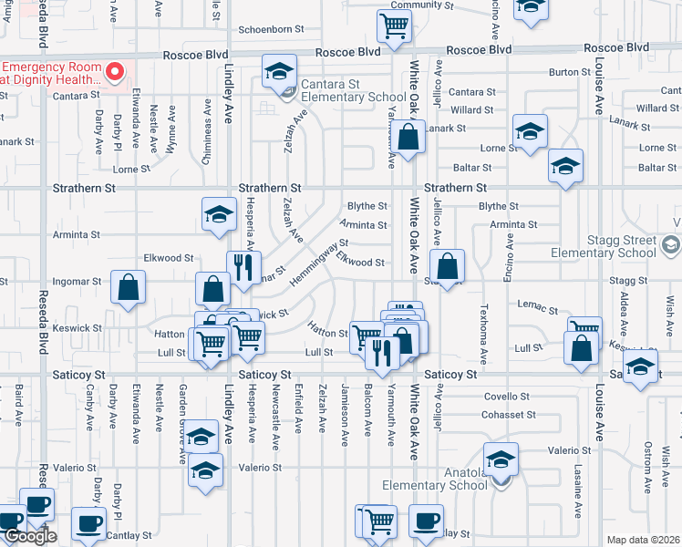 map of restaurants, bars, coffee shops, grocery stores, and more near 17845 Stagg Street in Los Angeles