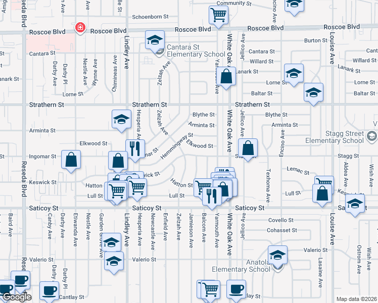 map of restaurants, bars, coffee shops, grocery stores, and more near 17900 Keswick Street in Los Angeles
