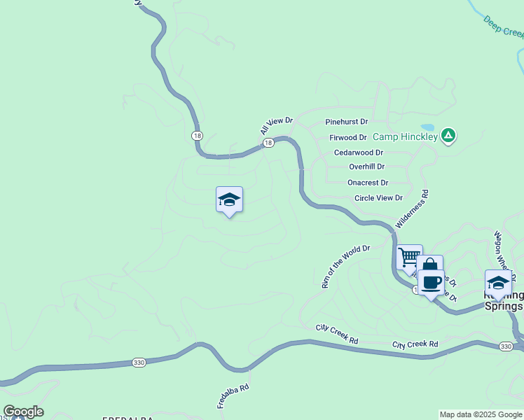 map of restaurants, bars, coffee shops, grocery stores, and more near 31140 Summit Drive in Running Springs