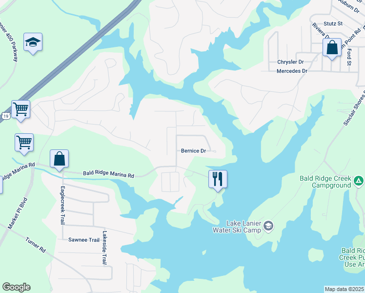 map of restaurants, bars, coffee shops, grocery stores, and more near 1815 Bernice Drive in Cumming