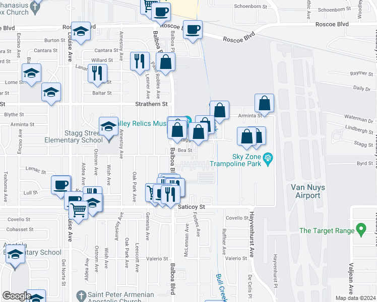 map of restaurants, bars, coffee shops, grocery stores, and more near 7800 Balboa Boulevard in Los Angeles