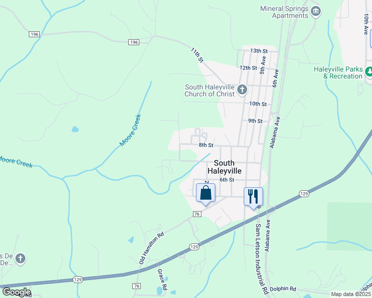 map of restaurants, bars, coffee shops, grocery stores, and more near 153-155 8th Street in Haleyville