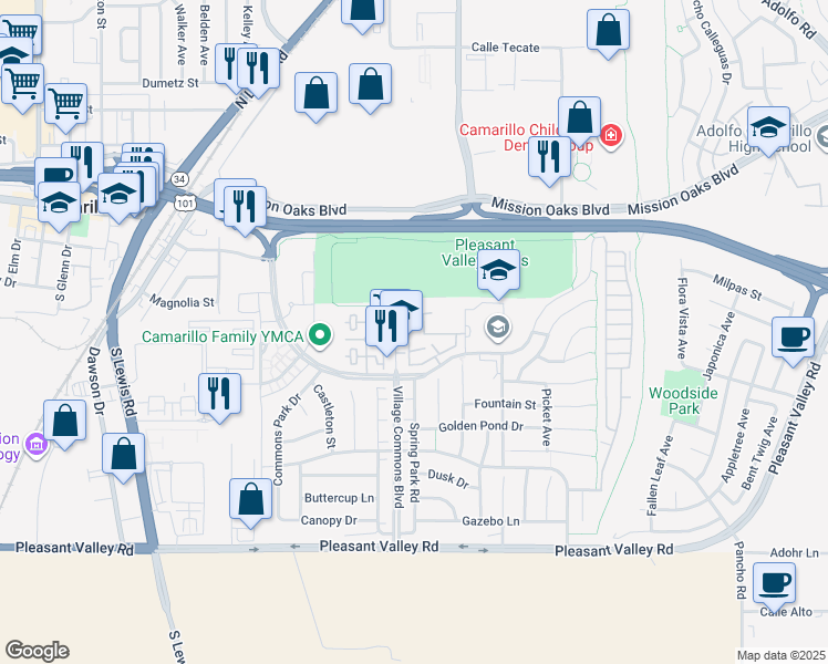 map of restaurants, bars, coffee shops, grocery stores, and more near 232 Village Commons Boulevard in Camarillo
