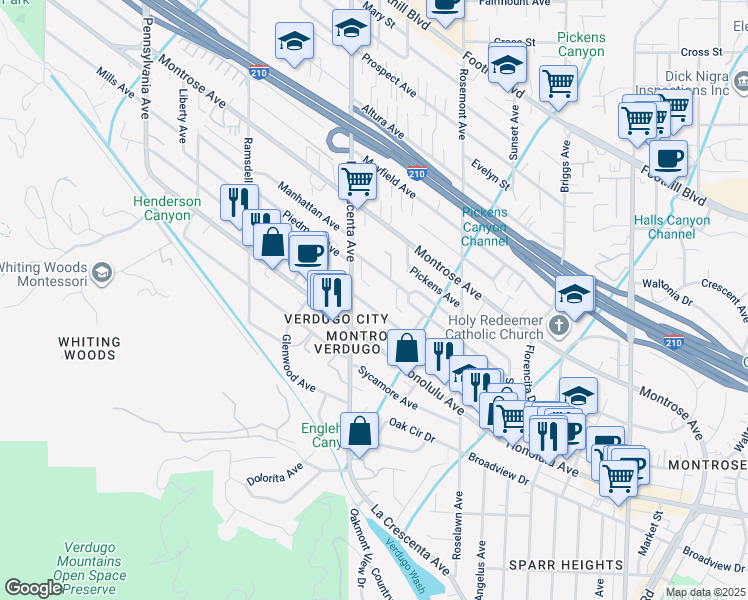 map of restaurants, bars, coffee shops, grocery stores, and more near 2747 Hermosa Avenue in Glendale