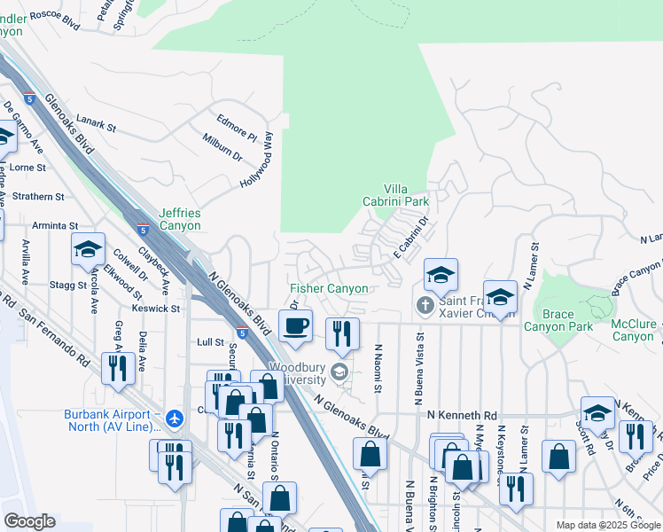 map of restaurants, bars, coffee shops, grocery stores, and more near 9700 Vía Roma in Burbank