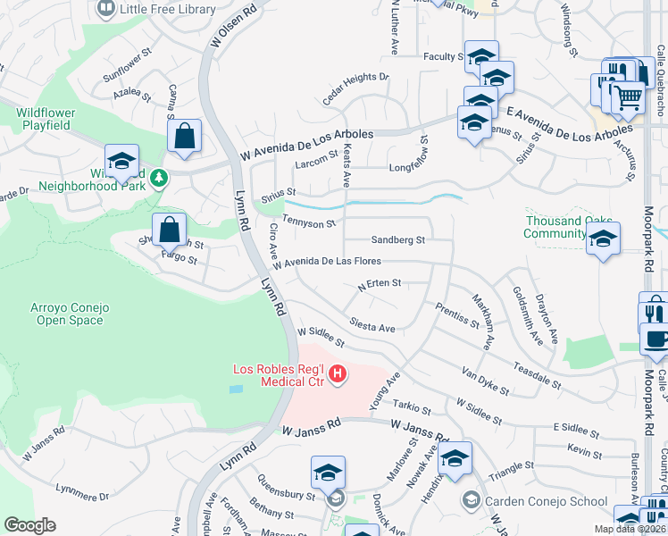 map of restaurants, bars, coffee shops, grocery stores, and more near 250 West Avenida De Las Flores in Thousand Oaks