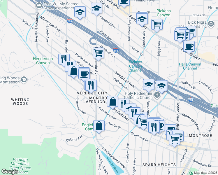 map of restaurants, bars, coffee shops, grocery stores, and more near 2710 Piedmont Avenue in Glendale