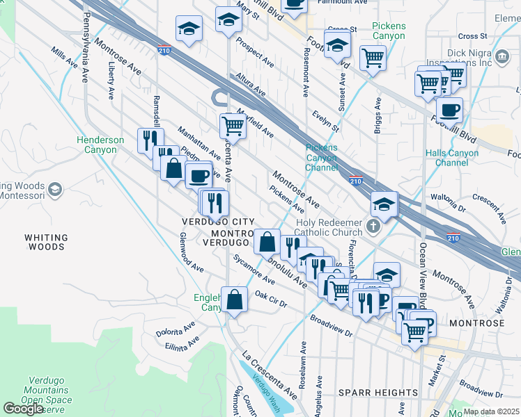 map of restaurants, bars, coffee shops, grocery stores, and more near 2658 Piedmont Avenue in Glendale