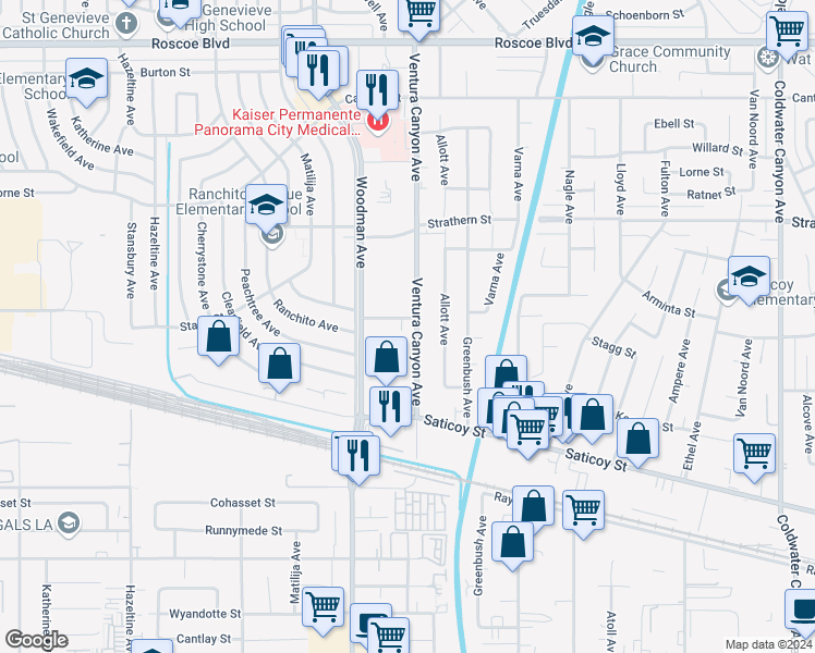 map of restaurants, bars, coffee shops, grocery stores, and more near 7800 Woodman Avenue in Los Angeles