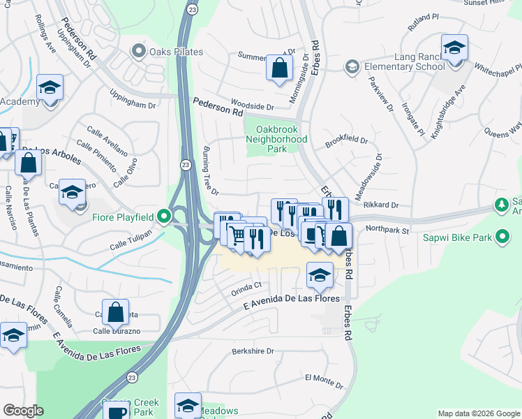 map of restaurants, bars, coffee shops, grocery stores, and more near 1809 Shady Brook Drive in Thousand Oaks