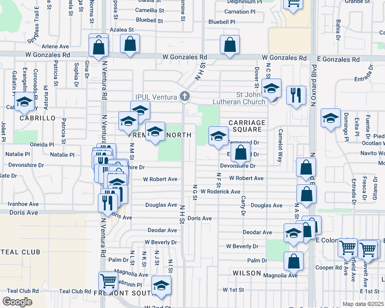 map of restaurants, bars, coffee shops, grocery stores, and more near 1025 North G Street in Oxnard