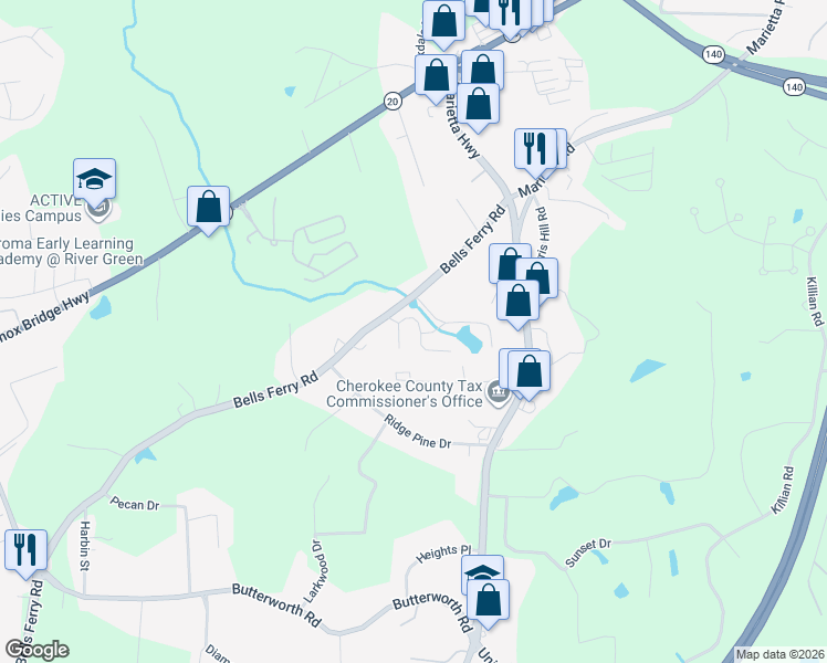 map of restaurants, bars, coffee shops, grocery stores, and more near 114 Cessna Drive in Canton