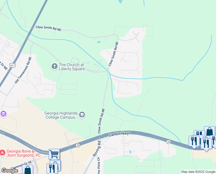 map of restaurants, bars, coffee shops, grocery stores, and more near 197 Cline Smith Road Northeast in Cartersville