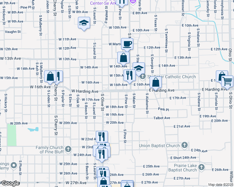 map of restaurants, bars, coffee shops, grocery stores, and more near 1615 South Walnut Street in Pine Bluff