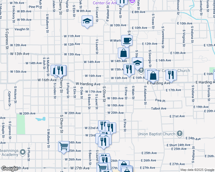 map of restaurants, bars, coffee shops, grocery stores, and more near 1717 South Olive Street in Pine Bluff