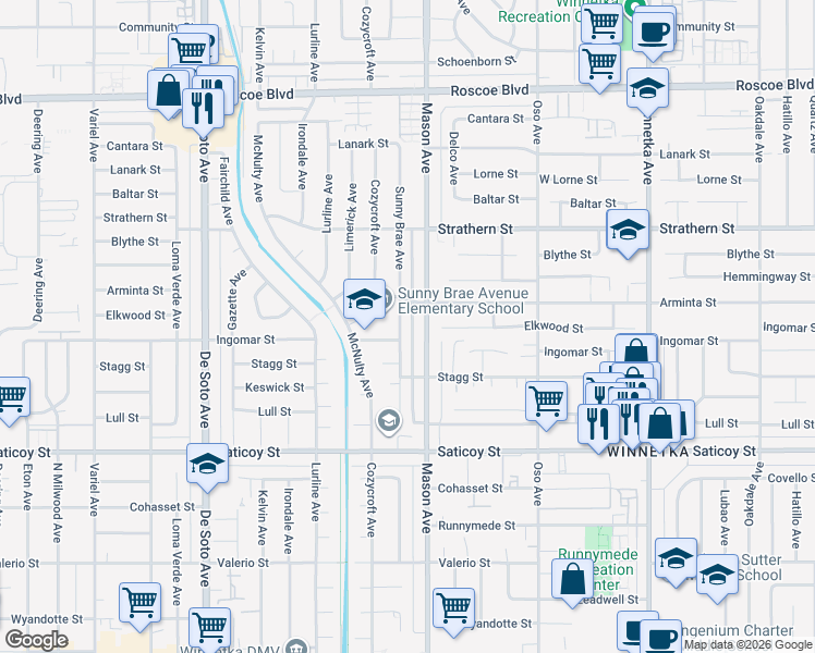 map of restaurants, bars, coffee shops, grocery stores, and more near 20532 Ingomar Street in Los Angeles
