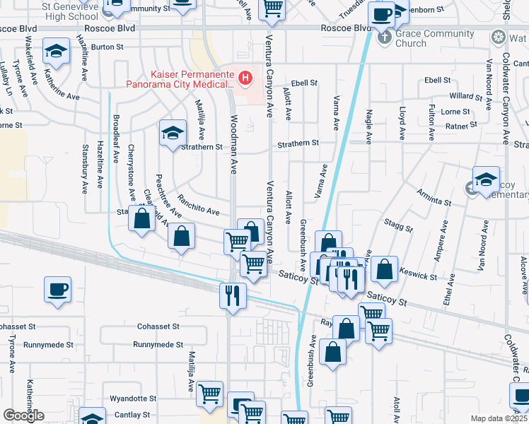 map of restaurants, bars, coffee shops, grocery stores, and more near 7800 Woodman Avenue in Los Angeles
