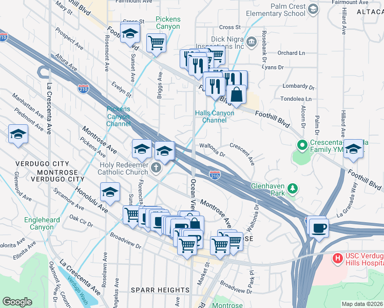 map of restaurants, bars, coffee shops, grocery stores, and more near 82379 Ocean View Boulevard in La Crescenta-Montrose