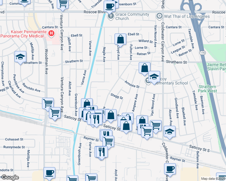 map of restaurants, bars, coffee shops, grocery stores, and more near 7820 Fulton Avenue in Los Angeles