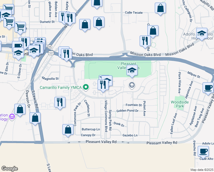 map of restaurants, bars, coffee shops, grocery stores, and more near 212 Village Commons Boulevard in Camarillo