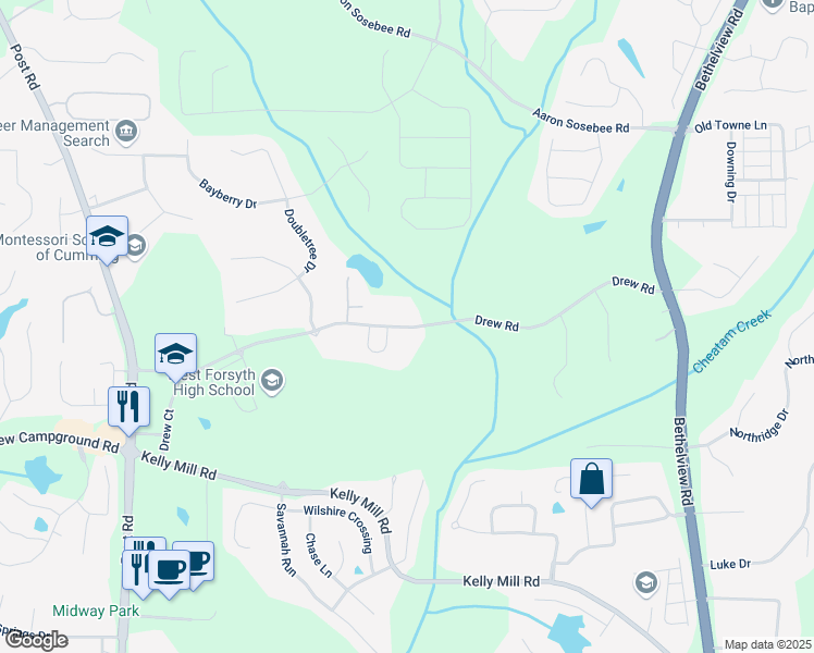 map of restaurants, bars, coffee shops, grocery stores, and more near Drew Road in Forsyth County