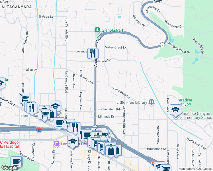 map of restaurants, bars, coffee shops, grocery stores, and more near 866 Lynnhaven Lane in La Cañada Flintridge