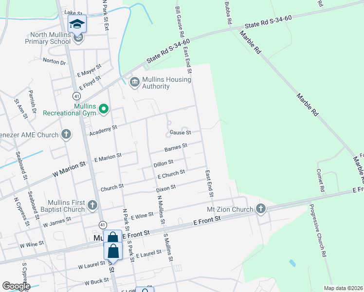 map of restaurants, bars, coffee shops, grocery stores, and more near 421 North Valentine Street in Mullins