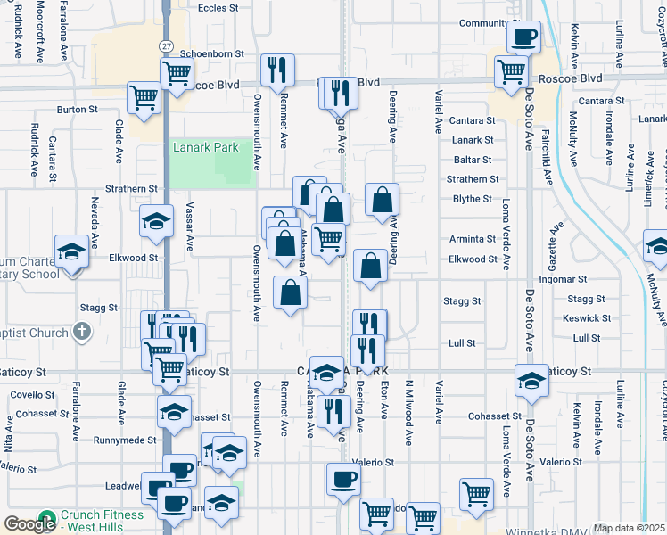 map of restaurants, bars, coffee shops, grocery stores, and more near 134 Orange Line Pedestrian and Bike Path in Los Angeles