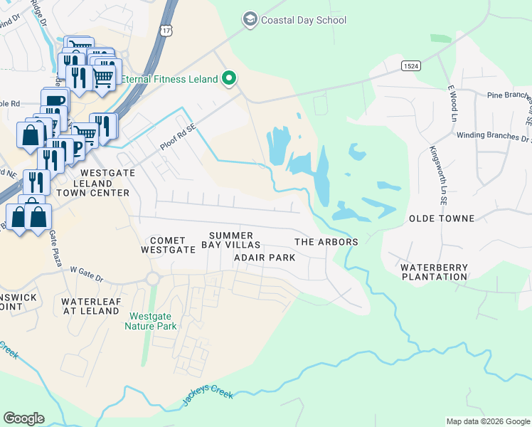 map of restaurants, bars, coffee shops, grocery stores, and more near 9463 Cottonwood Lane Southeast in Leland