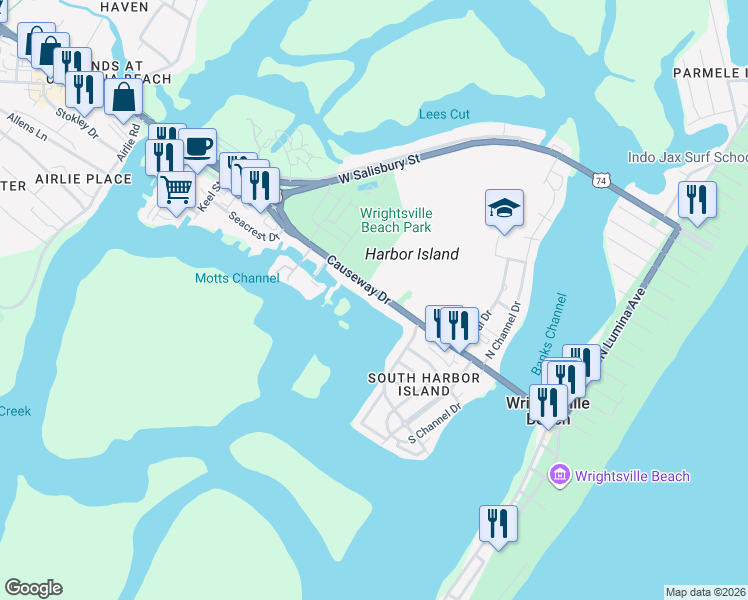 map of restaurants, bars, coffee shops, grocery stores, and more near 450 Causeway Drive in Wrightsville Beach