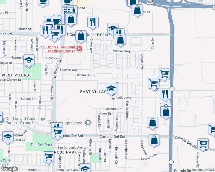 map of restaurants, bars, coffee shops, grocery stores, and more near 2030 Ocaso Place in Oxnard