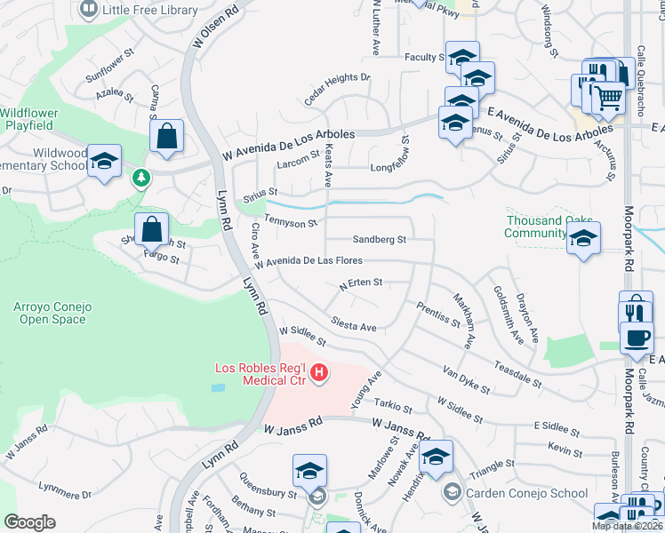 map of restaurants, bars, coffee shops, grocery stores, and more near 228 West Avenida De Las Flores in Thousand Oaks