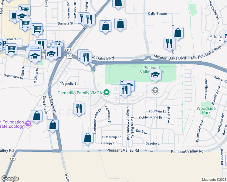 map of restaurants, bars, coffee shops, grocery stores, and more near 259 Riverdale Court in Camarillo