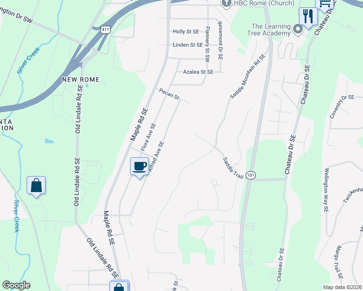 map of restaurants, bars, coffee shops, grocery stores, and more near 235 Alfred Avenue Southeast in Rome