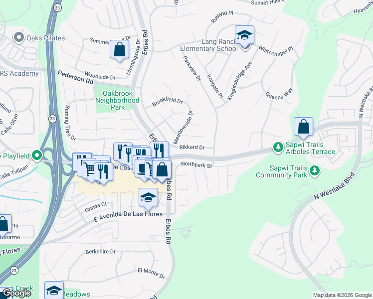 map of restaurants, bars, coffee shops, grocery stores, and more near 2267 Northpark Street in Thousand Oaks