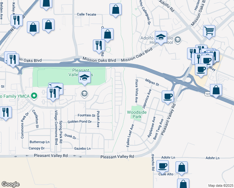 map of restaurants, bars, coffee shops, grocery stores, and more near 89 Via Gabilan in Camarillo