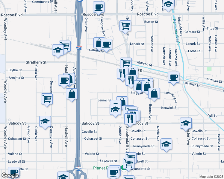 map of restaurants, bars, coffee shops, grocery stores, and more near 15402 Stagg Street in Los Angeles