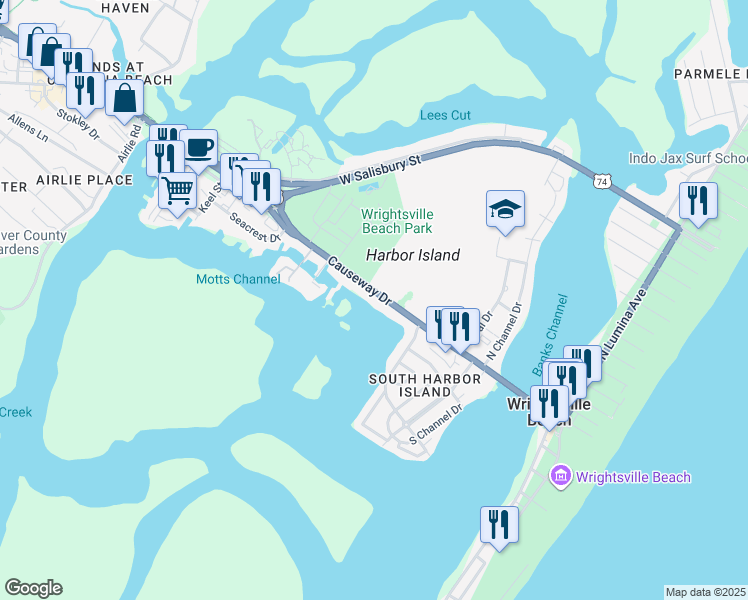 map of restaurants, bars, coffee shops, grocery stores, and more near 450 Causeway Drive in Wrightsville Beach
