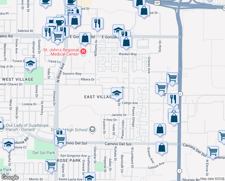 map of restaurants, bars, coffee shops, grocery stores, and more near 2030 Ocaso Place in Oxnard