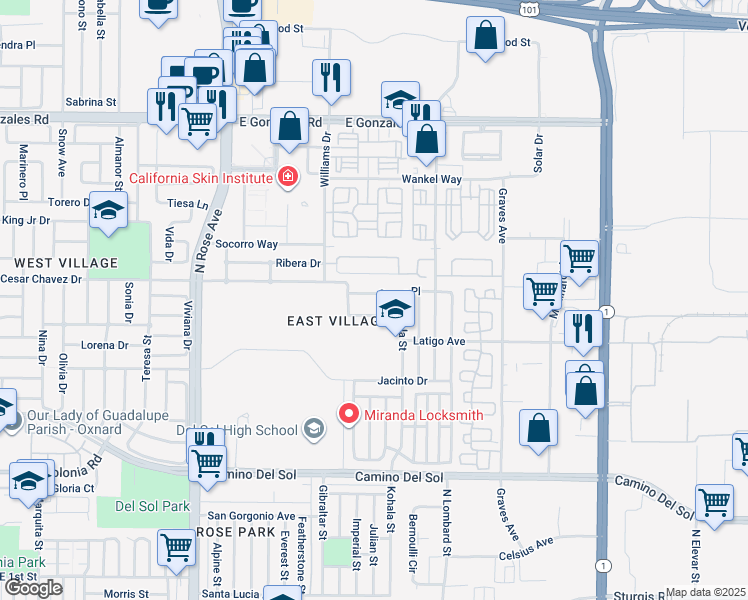 map of restaurants, bars, coffee shops, grocery stores, and more near 2022 Ocaso Place in Oxnard