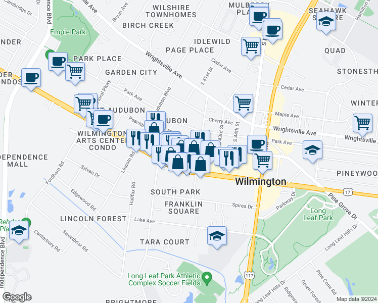 map of restaurants, bars, coffee shops, grocery stores, and more near 1403 Tanager Court in Wilmington