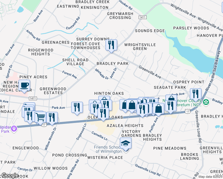 map of restaurants, bars, coffee shops, grocery stores, and more near 5619 Moss Vine Place in Wilmington
