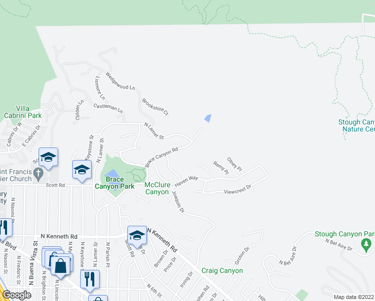 map of restaurants, bars, coffee shops, grocery stores, and more near 3340 Brace Canyon Road in Burbank