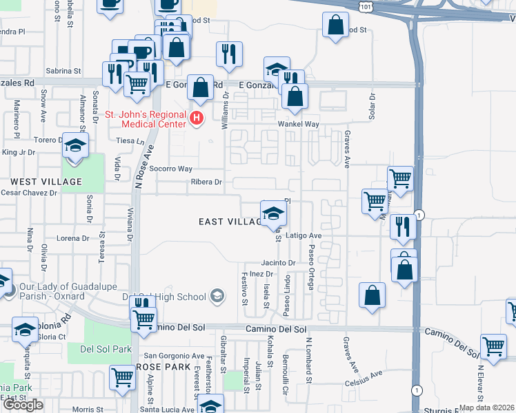 map of restaurants, bars, coffee shops, grocery stores, and more near 2022 Ocaso Place in Oxnard