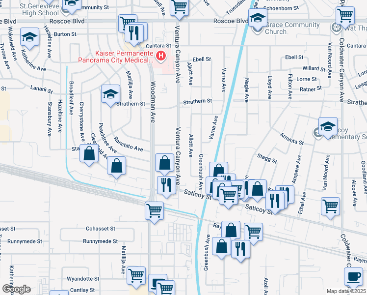 map of restaurants, bars, coffee shops, grocery stores, and more near 7803 Allott Avenue in Los Angeles