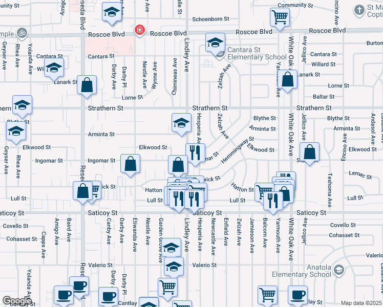 map of restaurants, bars, coffee shops, grocery stores, and more near 7758 Lindley Avenue in Los Angeles