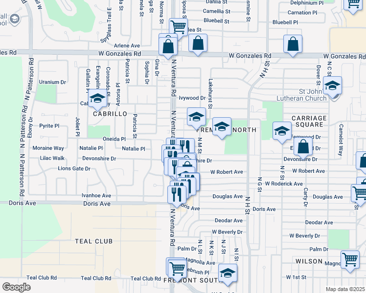 map of restaurants, bars, coffee shops, grocery stores, and more near 1326 Edgewood Way in Oxnard