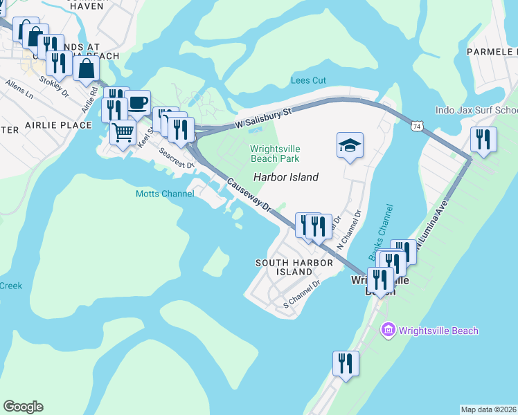 map of restaurants, bars, coffee shops, grocery stores, and more near 450 Causeway Drive in Wrightsville Beach