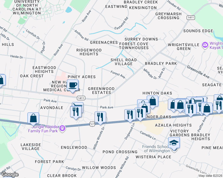 map of restaurants, bars, coffee shops, grocery stores, and more near 5519 Wrightsville Avenue in Wilmington