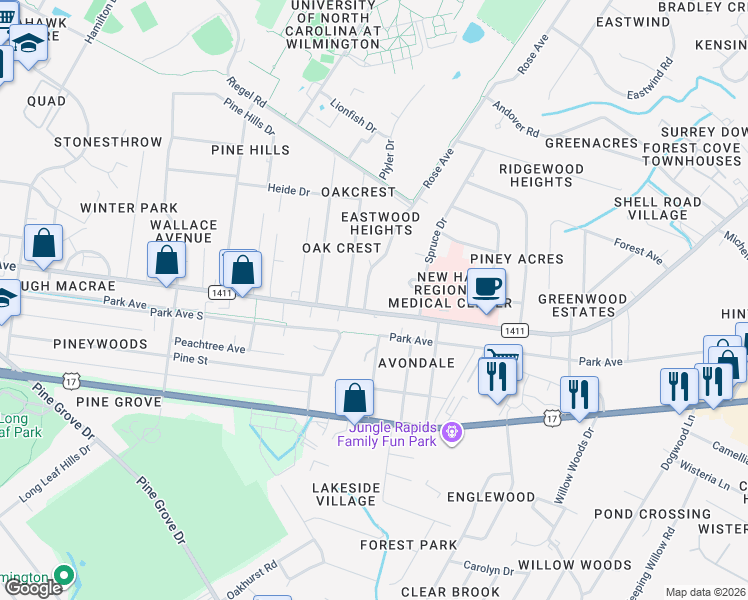 map of restaurants, bars, coffee shops, grocery stores, and more near in Wilmington